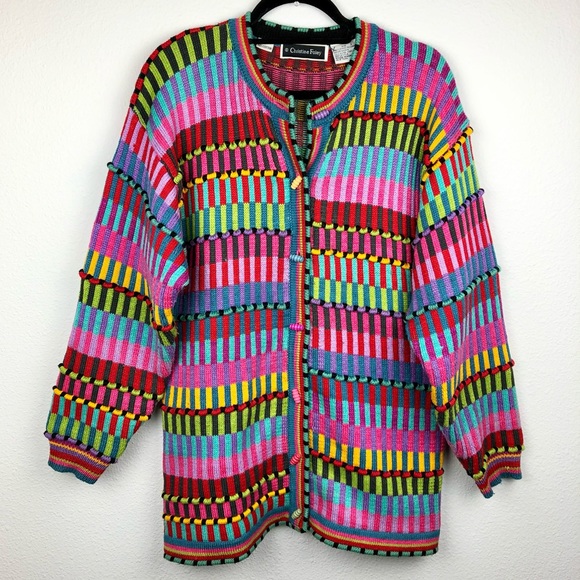 Vintage Sweaters - VTG 80's Cristine Foley Women's 2XL Rainbow 3D Kni